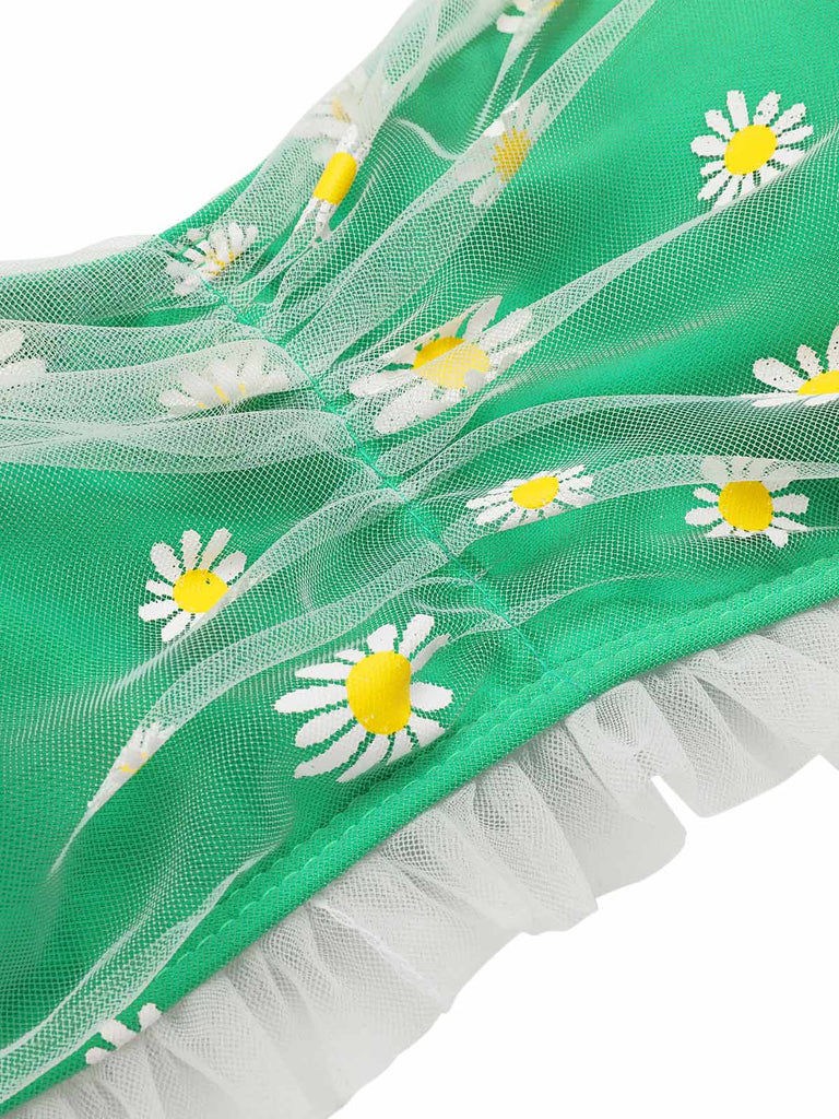 Maillot de bain vert à bretelles et fleurs en dentelle