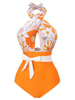 [Prévente] Maillot de bain fleuri orange à bretelles croisées nœud papillon années 1950