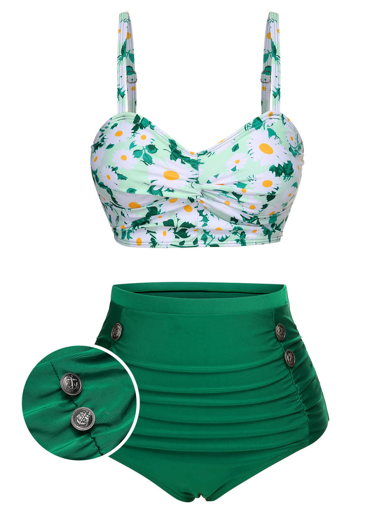 Maillot de bain vert 1950s à bretelles marguerite plissé