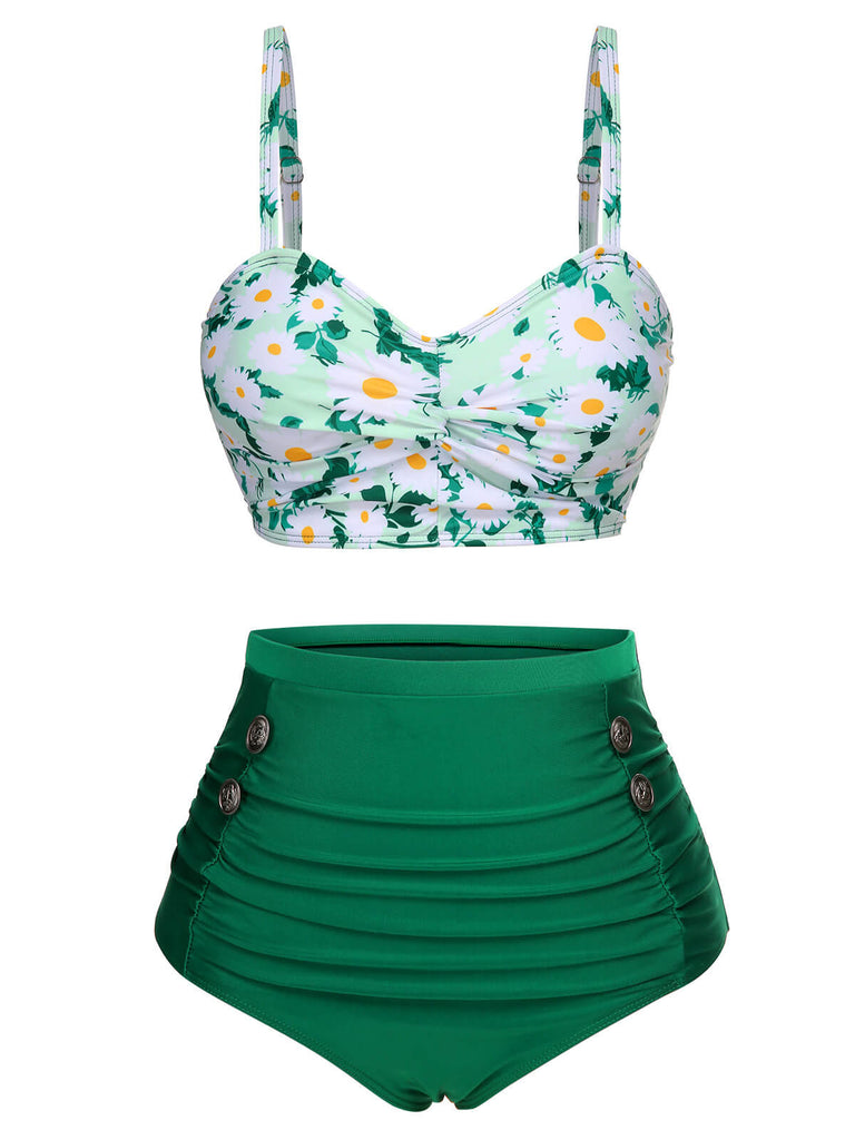 Maillot de bain vert 1950s à bretelles marguerite plissé