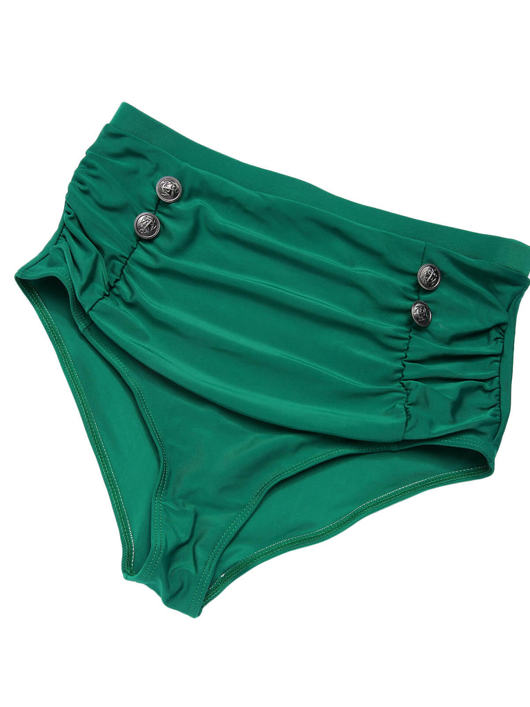 Maillot de bain vert 1950s à bretelles marguerite plissé