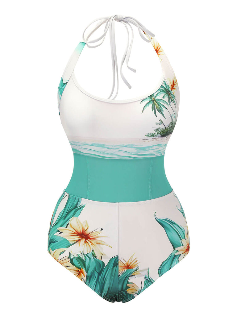 Maillot de bain patchwork cocotier et plage des années 1950