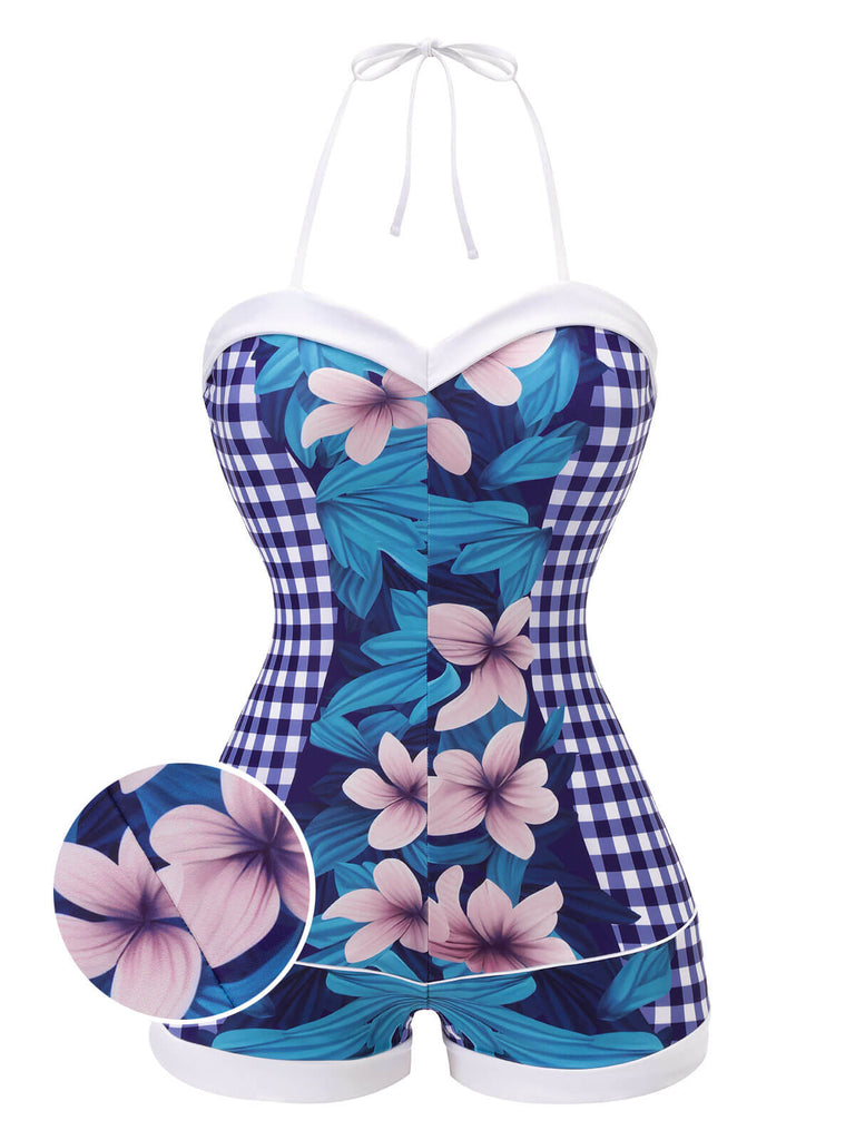 Maillot de bain bleu à carreaux et fleurs années 1950