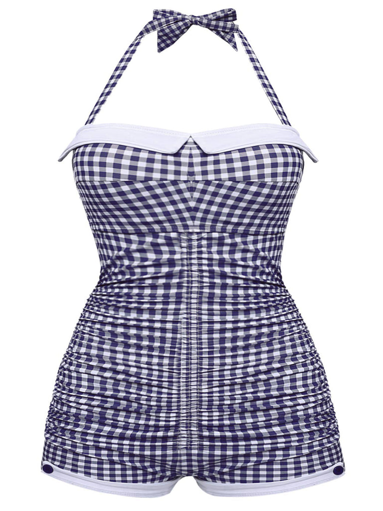 [Prévente] [Grande Taille] Maillot de bain une pièce bleu à carreaux avec nœud papillon