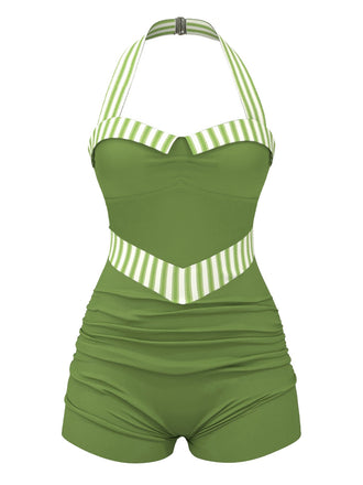 Maillot de bain dos nu à rayures patchwork vert années 40
