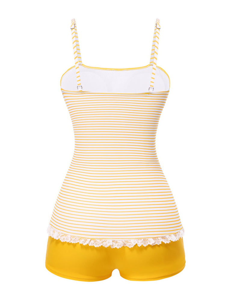 [Prévente] Maillot de bain une pièce à rayures bordures en dentelle années 1960