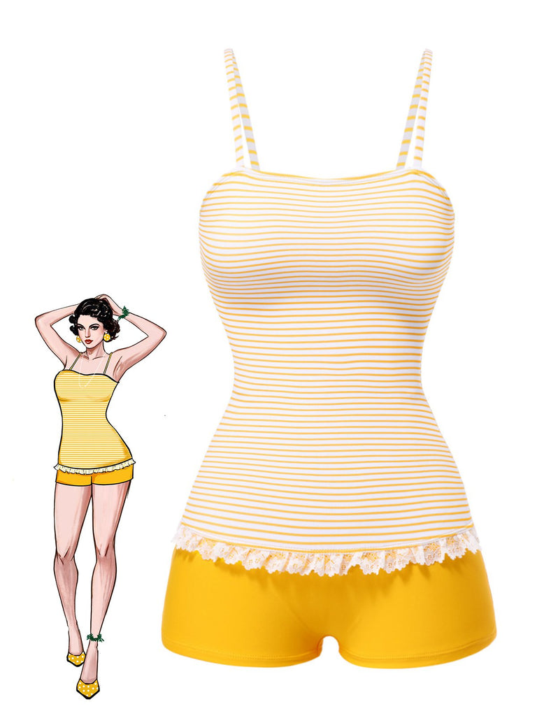 [Prévente] Maillot de bain une pièce à rayures bordures en dentelle années 1960