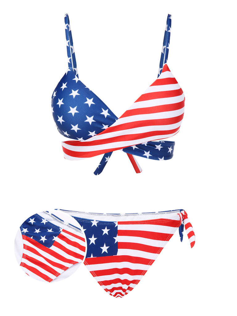[Prévente] Ensemble de bikini à lacets rayures style drapeau des années 1960