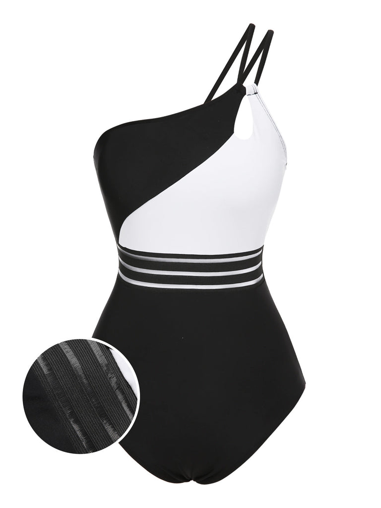 [Prévente] Maillot de bain noir et blanc asymétrique à découpes des années 1960
