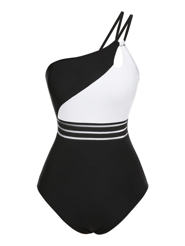 [Prévente] Maillot de bain noir et blanc asymétrique à découpes des années 1960