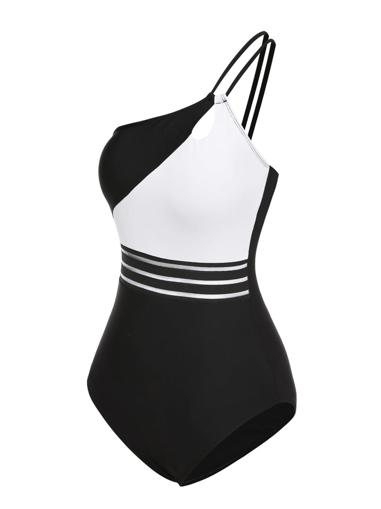 [Prévente] Maillot de bain noir et blanc asymétrique à découpes des années 1960
