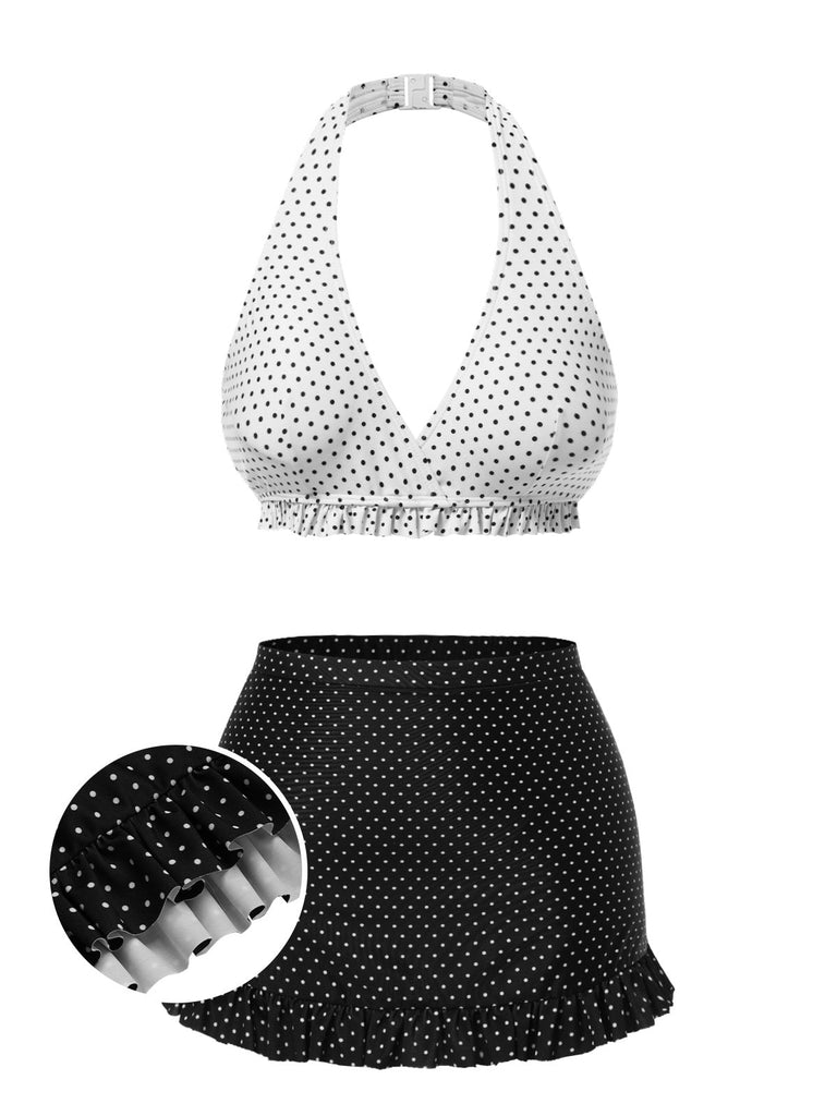 [Prévente] Maillot de bain blanc et noir à jupe volantée à pois des années 1940
