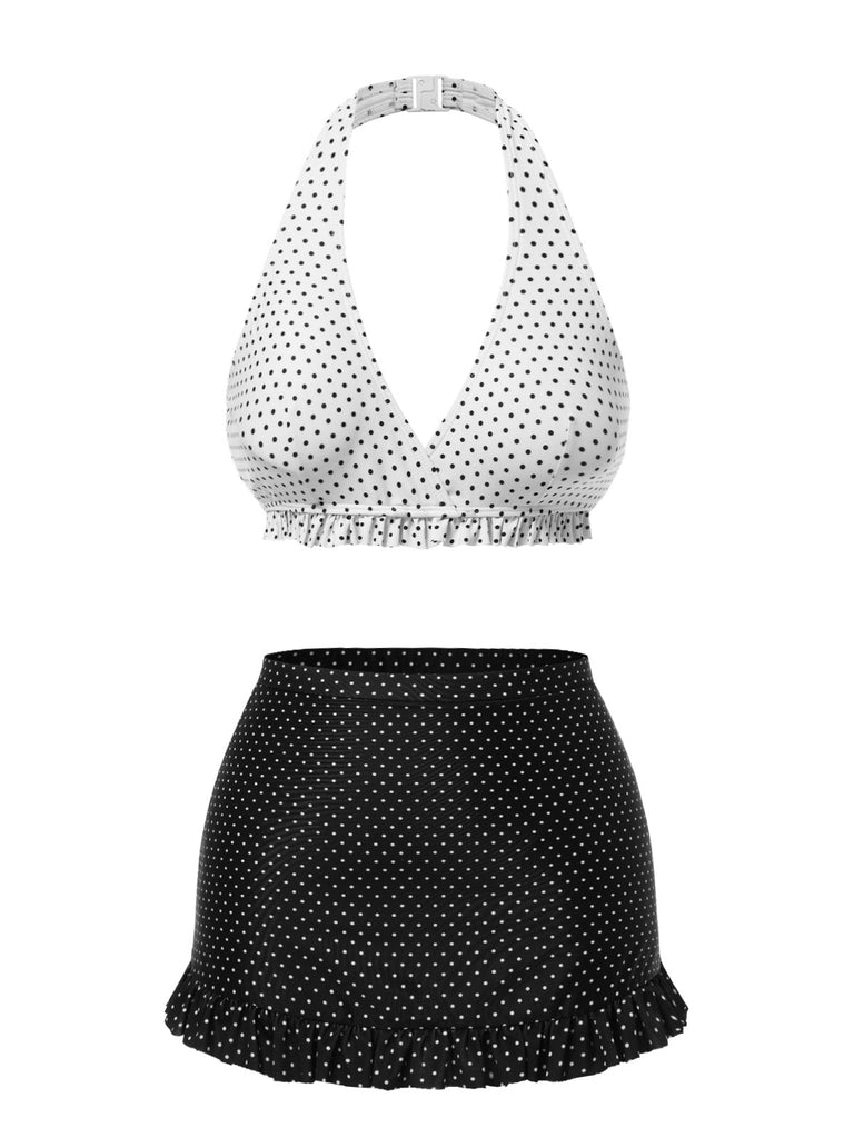 [Prévente] Maillot de bain blanc et noir à jupe volantée à pois des années 1940