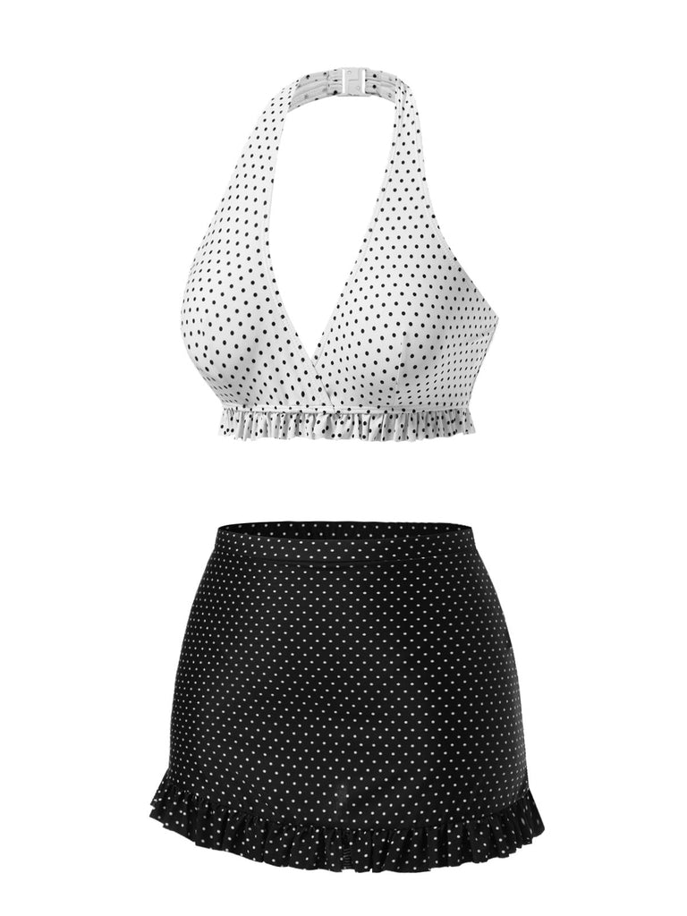 [Prévente] Maillot de bain blanc et noir à jupe volantée à pois des années 1940