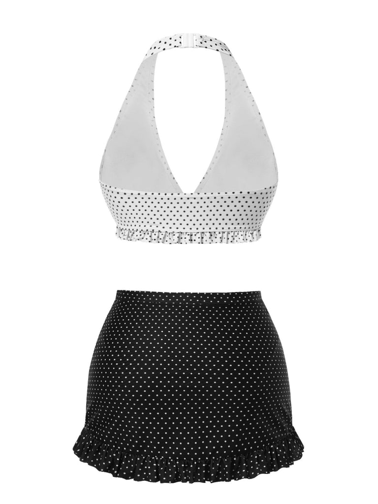 [Prévente] Maillot de bain blanc et noir à jupe volantée à pois des années 1940