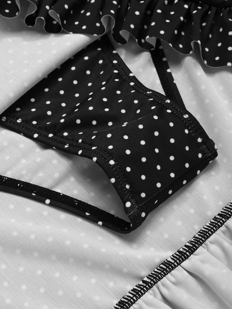 [Prévente] Maillot de bain blanc et noir à jupe volantée à pois des années 1940