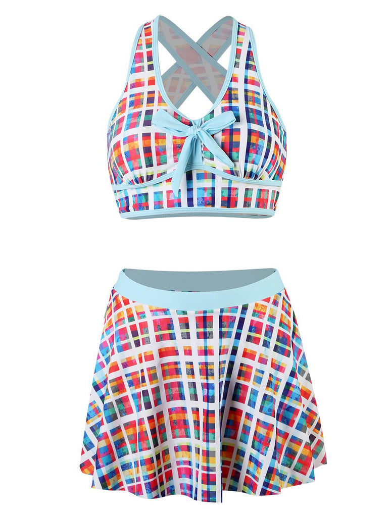 Maillot de bain à jupe à carreaux bohème multicolore des années 1970