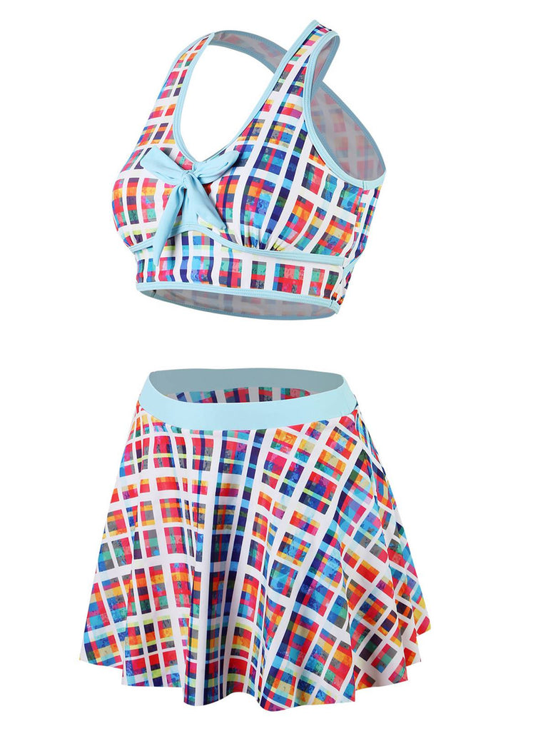 Maillot de bain à jupe à carreaux bohème multicolore des années 1970