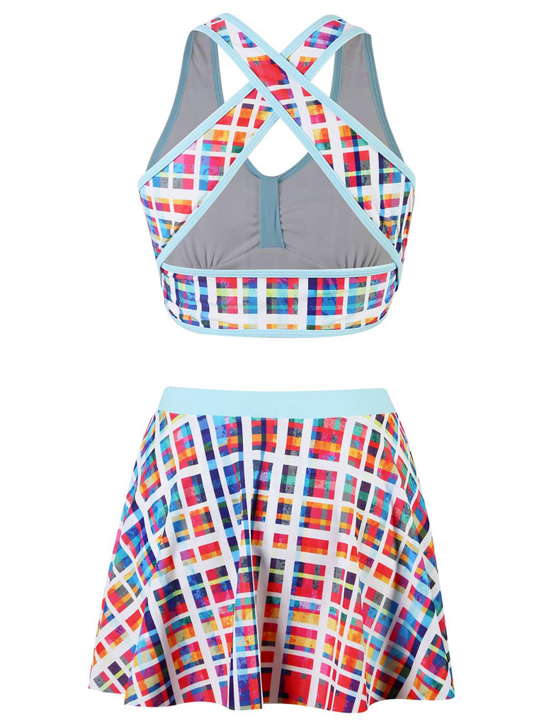 Maillot de bain à jupe à carreaux bohème multicolore des années 1970
