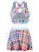 Maillot de bain à jupe à carreaux bohème multicolore des années 1970