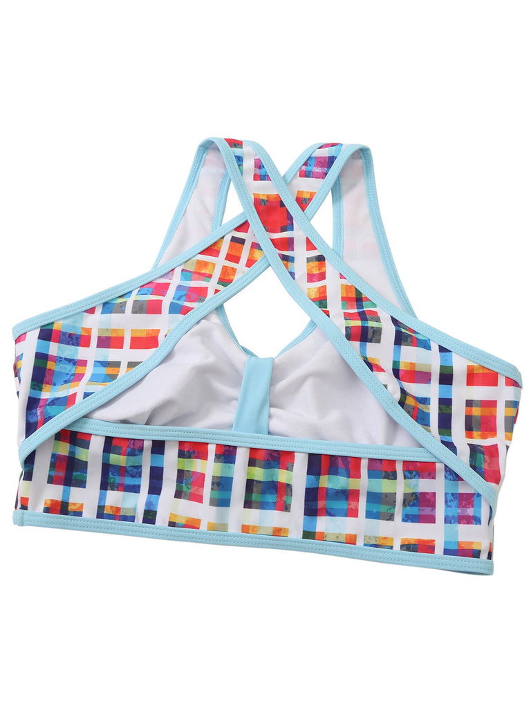 Maillot de bain à jupe à carreaux bohème multicolore des années 1970