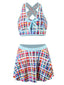 Maillot de bain à jupe à carreaux bohème multicolore des années 1970