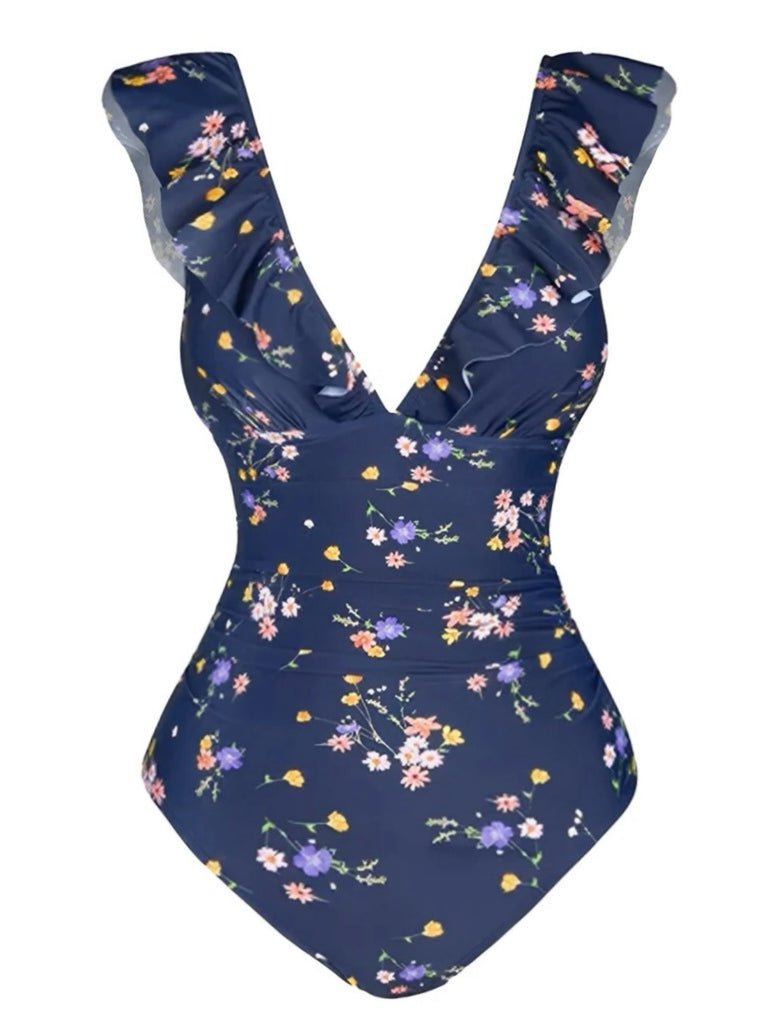 Maillot de bain multicolore à volants floraux et dos creux des années 1950