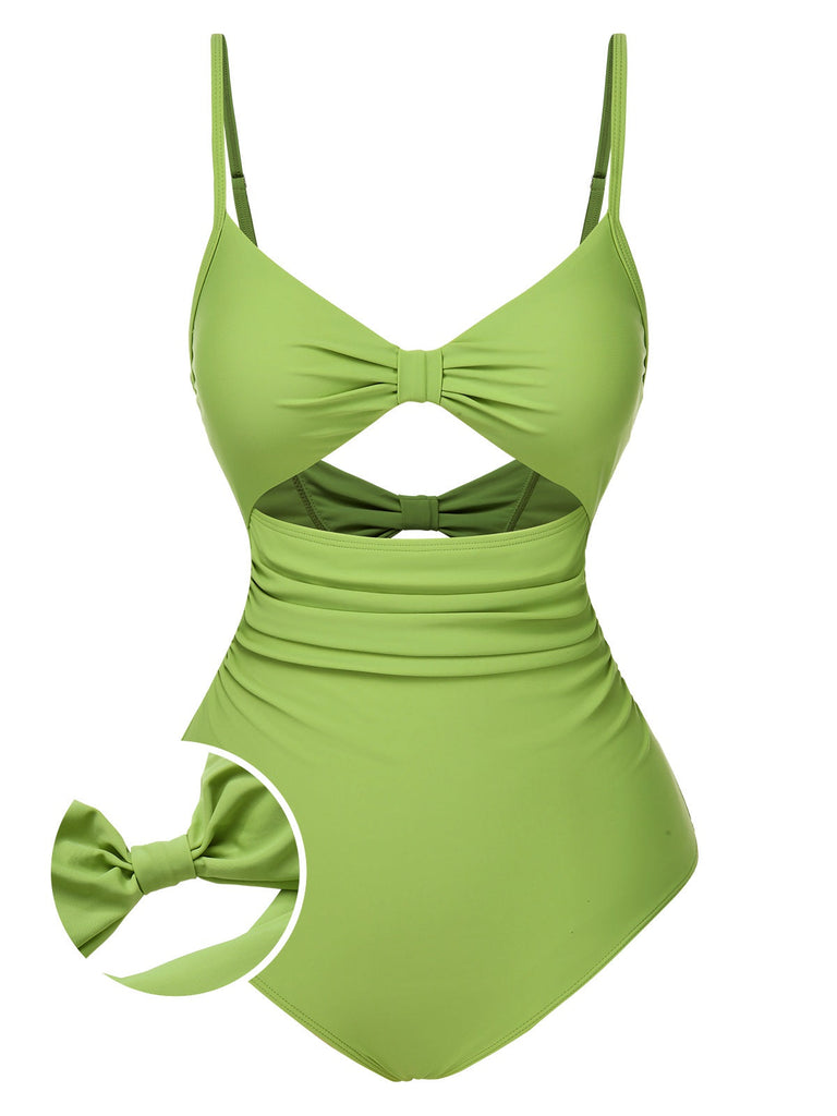 [Prévente] Maillot de bain une pièce ajouré vert uni nœud années 1930