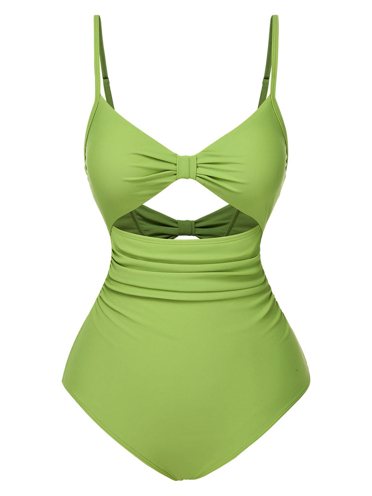 [Prévente] Maillot de bain une pièce ajouré vert uni nœud années 1930