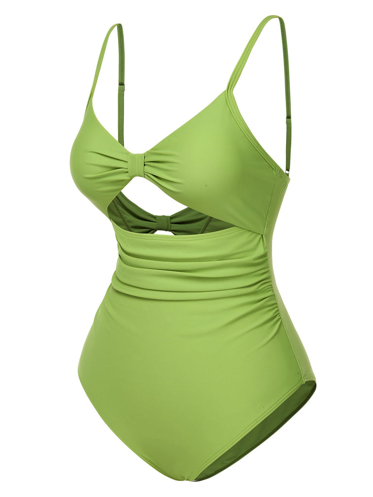 [Prévente] Maillot de bain une pièce ajouré vert uni nœud années 1930