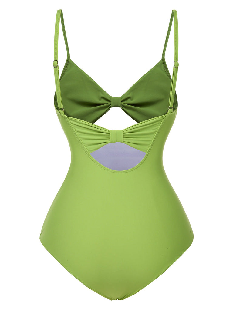 [Prévente] Maillot de bain une pièce ajouré vert uni nœud années 1930