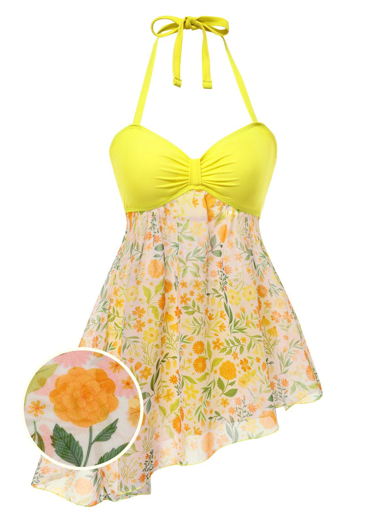 [Prévente] Maillot de bain jaune dos nu patchwork floral des années 1960