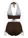 Ensemble bikini marron uni col V profond à lacets dos nu années 1950