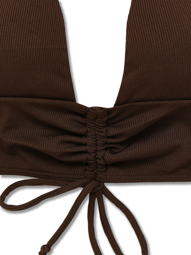 Ensemble bikini marron uni col V profond à lacets dos nu années 1950