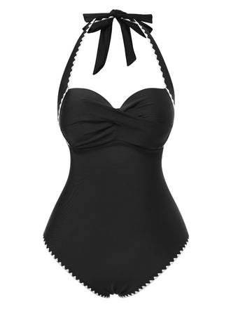 Maillot de bain une pièce noir à dos nu bordure festonnée années 1950