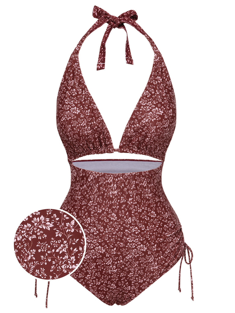 [Prévente] Maillot de bain une pièce marron motif floral bohème années 1970