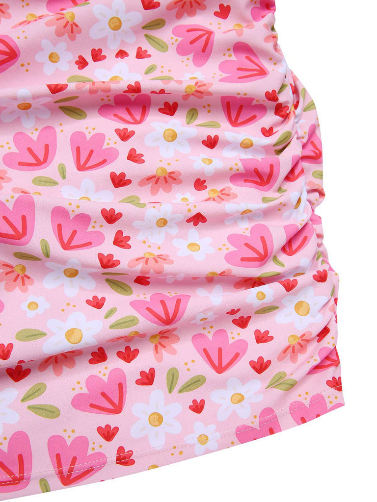[Prévente] Maillot de bain rose à larges bretelles et à fleurs froncées 1940