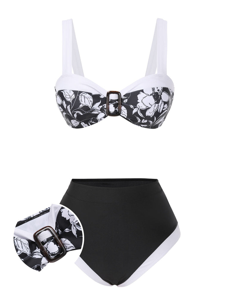 [Prévente] Ensemble bikini noir à motif floral Hepburn des années 1940