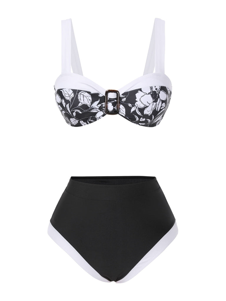 [Prévente] Ensemble bikini noir à motif floral Hepburn des années 1940