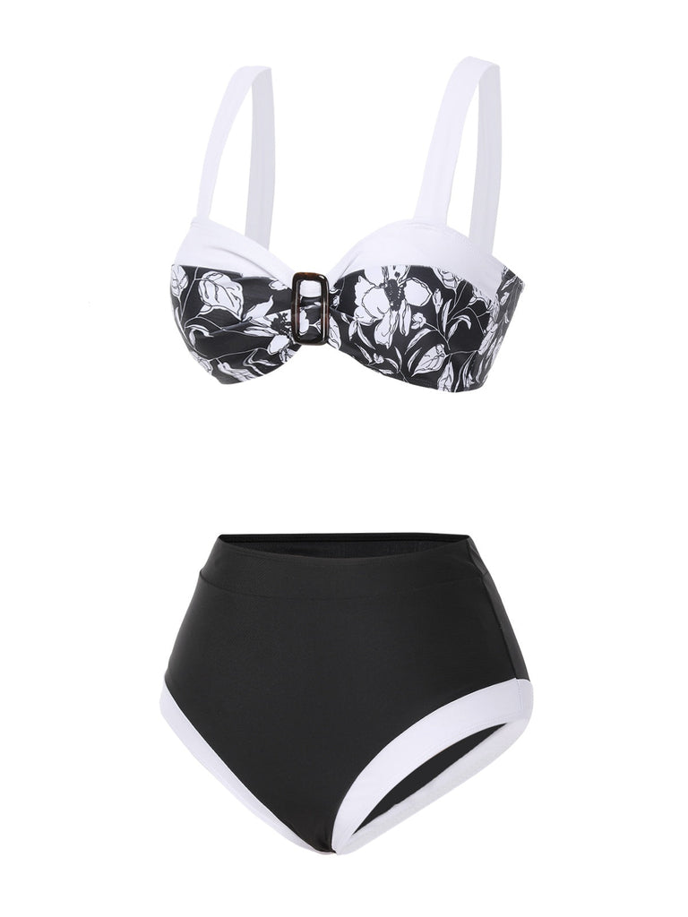 [Prévente] Ensemble bikini noir à motif floral Hepburn des années 1940