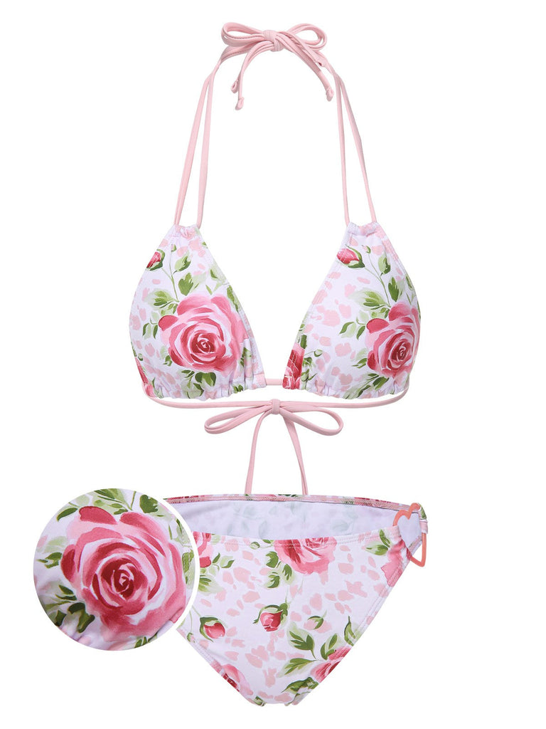 [Prévente] Ensemble bikini rose à lacets et dos nu style années 60