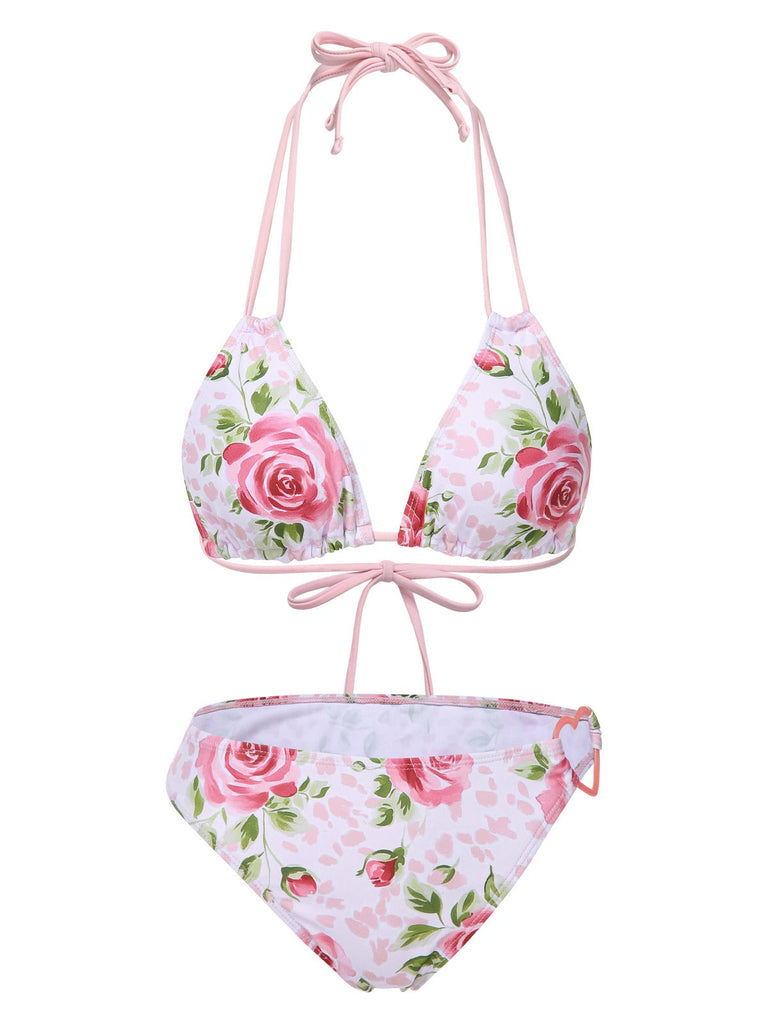 [Prévente] Ensemble bikini rose à lacets et dos nu style années 60