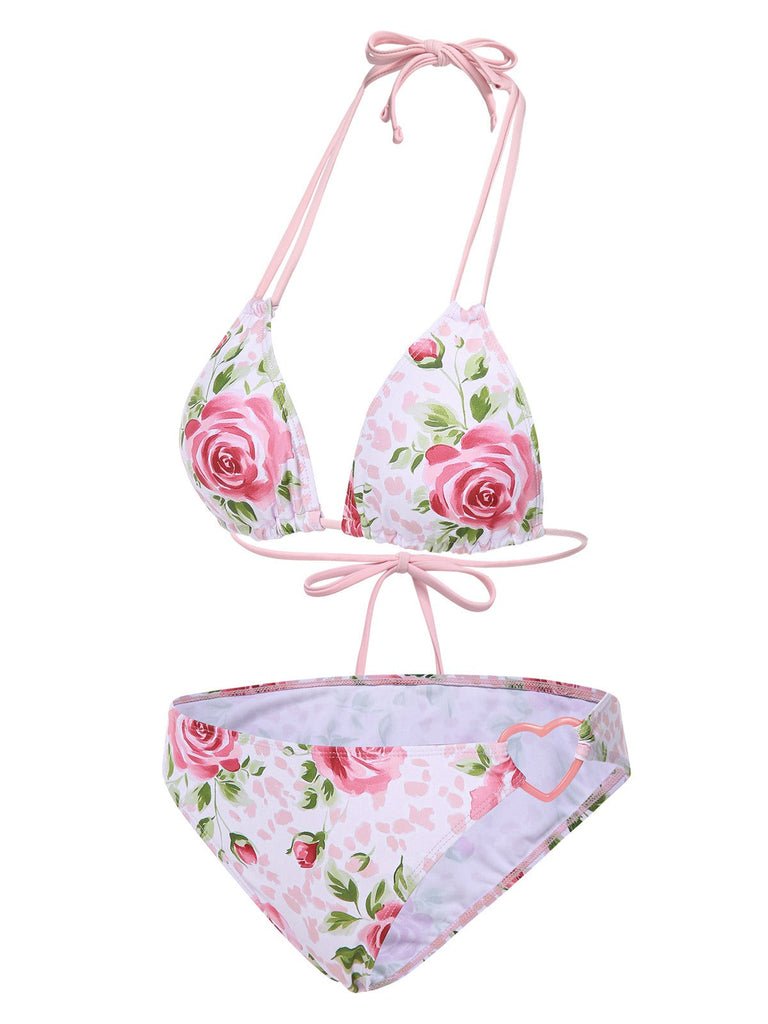 [Prévente] Ensemble bikini rose à lacets et dos nu style années 60