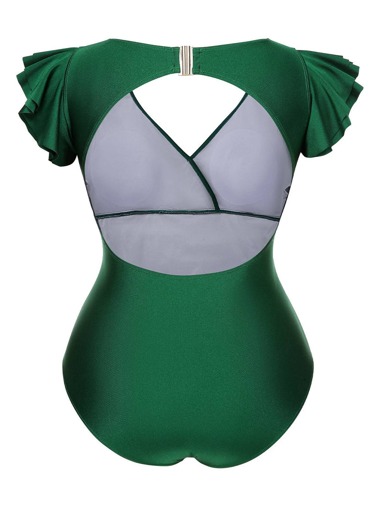 [Prévente] [Grande Taille] Maillot de bain vert manches volantées et dos creux années 1930