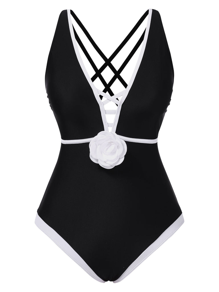 Maillot de bain une pièce noir patchwork de fleurs 3D des années 1950