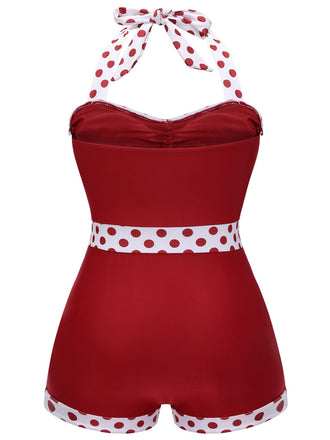 [Grande taille] Maillot de bain dos nu rouge à pois patchwork années 40
