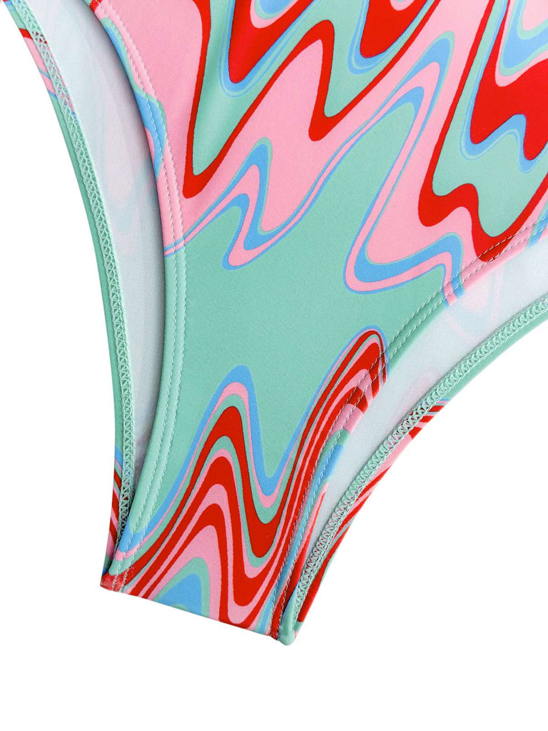 Maillot de bain col V profond chevrons psychédéliques années 1970