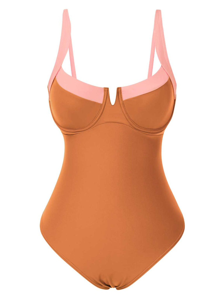 Maillot de bain une pièce à bretelles colorblock des années 1980