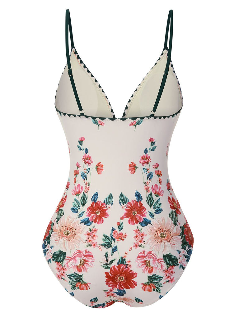 Maillot de bain une pièce fleuri à bretelles en trou de serrure années 1950