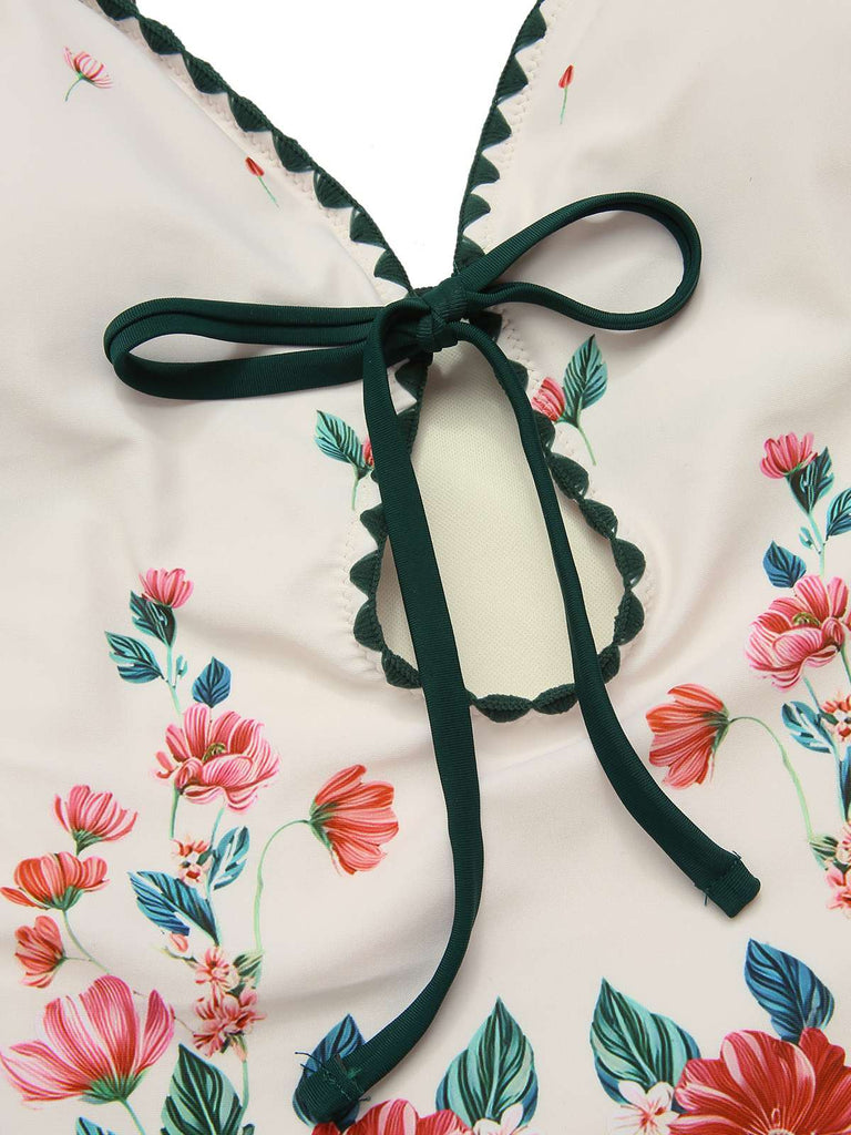 Maillot de bain une pièce fleuri à bretelles en trou de serrure années 1950
